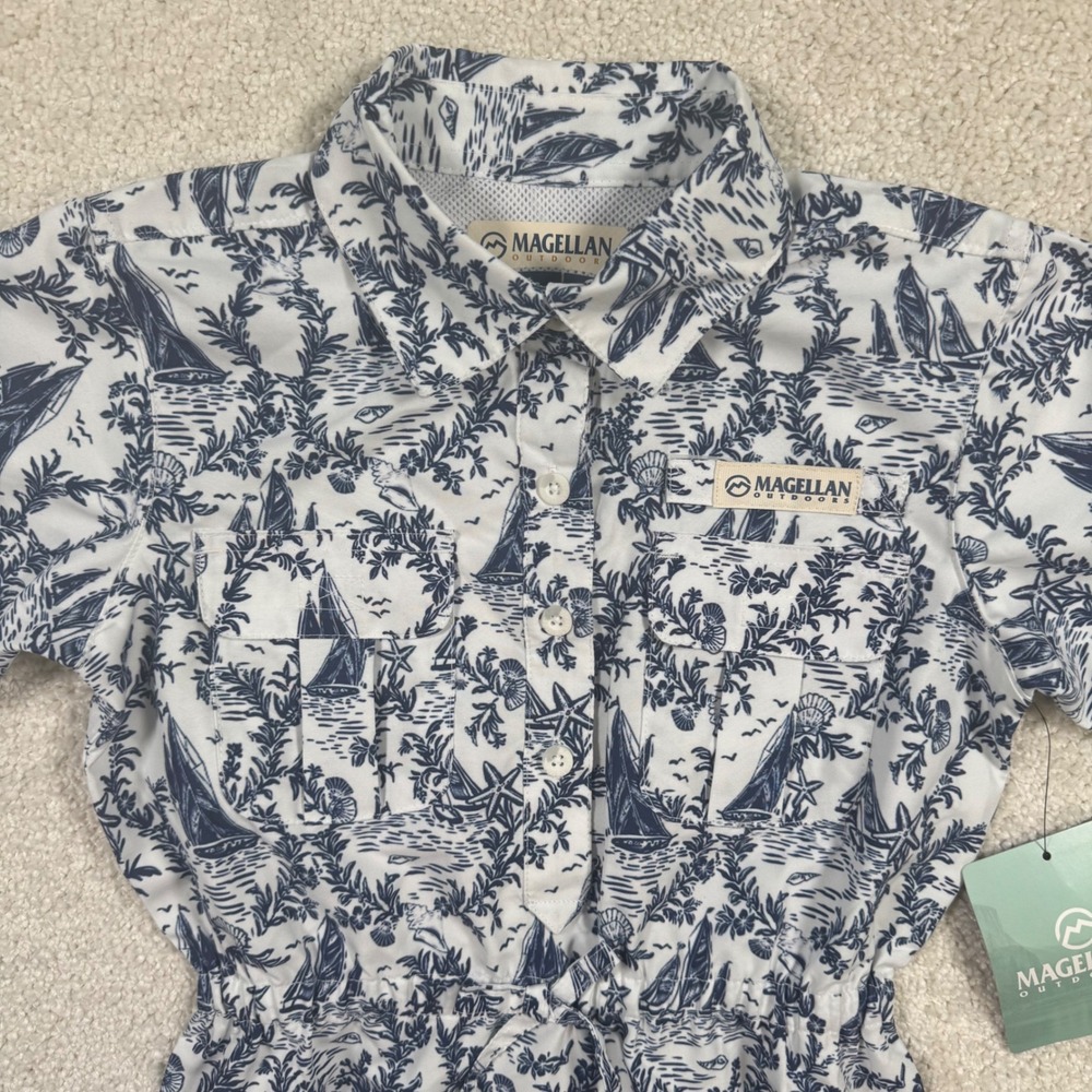 Magellan Outdoors Nautical Toile Fishing Dress XS 6-6X Girls White Blue